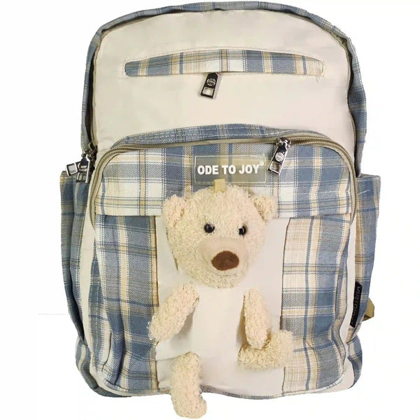 Girls Bag with Check Print and Teddy Toy