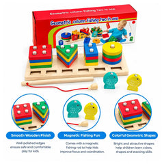 Montessori Wooden Toy 2-in-1 Fishing Column and Shape Sorting Game