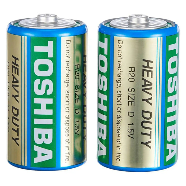 Toshiba R20UG Heavy Duty D Carbon Zinc Batteries, 1.5V, 2 Pieces