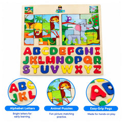 Wooden Alphabet and Animal Jigsaw Puzzle Board